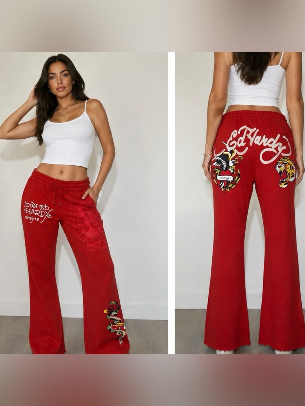 Ed Hardy Bootcut Red Sweatpants with tattoo style snake & tiger - Size Large